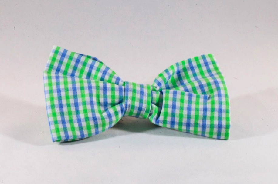 Blue and Green Gingham Seersucker Dog Bow Tie Collar