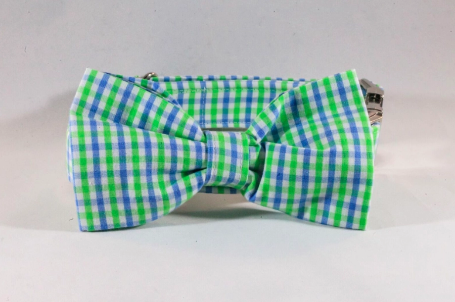 Blue and Green Gingham Seersucker Dog Bow Tie Collar