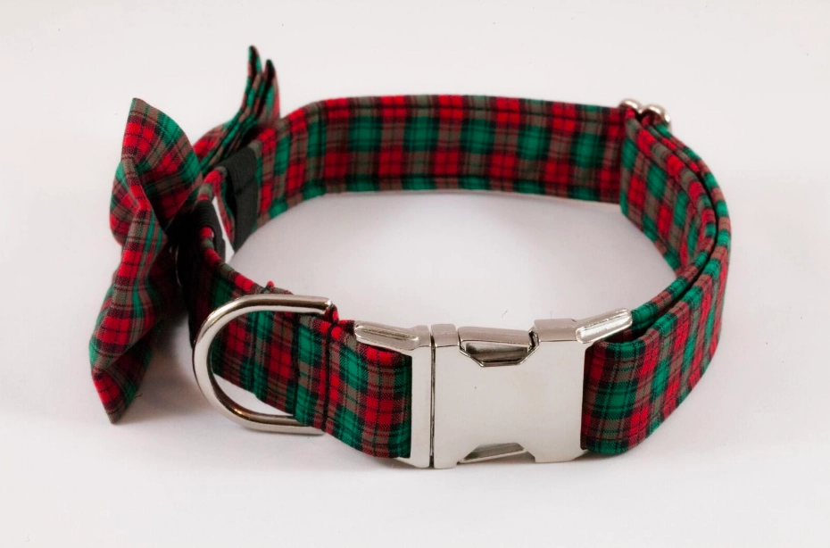 Classic Red and Green Christmas Plaid Bow Tie Dog Collar