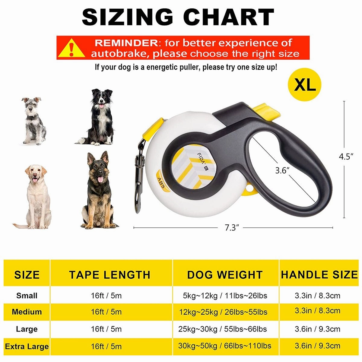 Fida Autobrake Retractable Dog Leash 16 ft