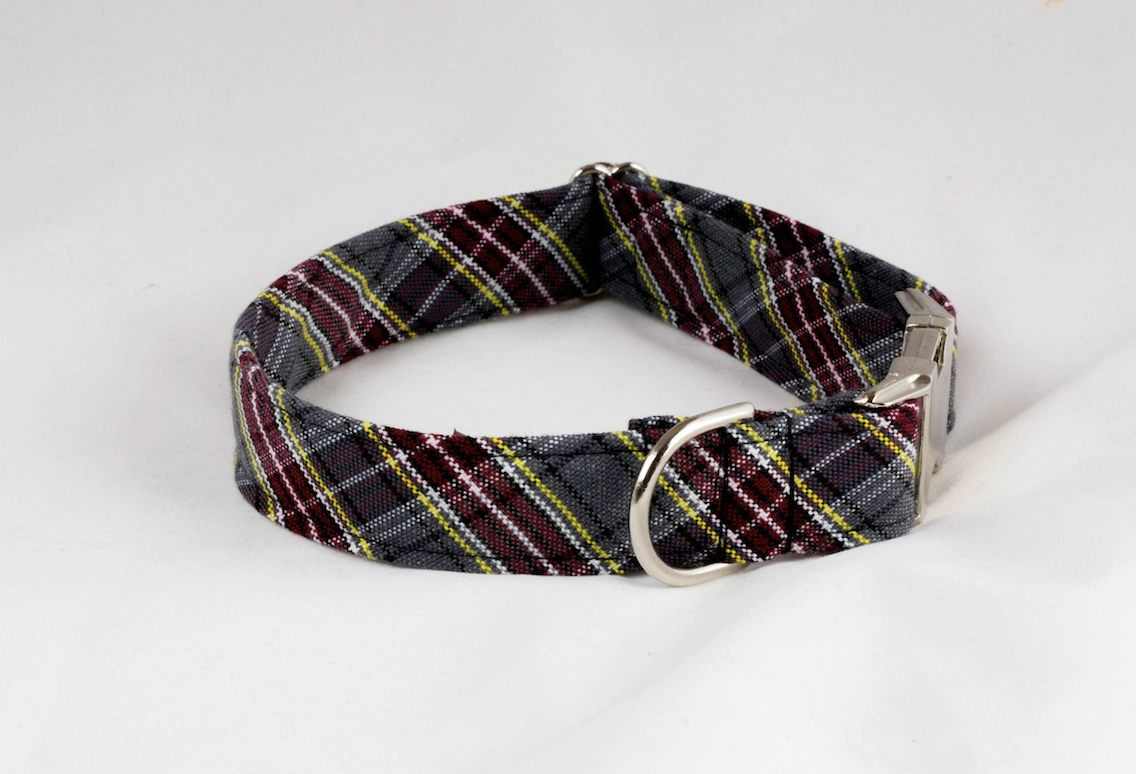 Maroon and Gray Preppy Plaid Dog Collar--Baylor School