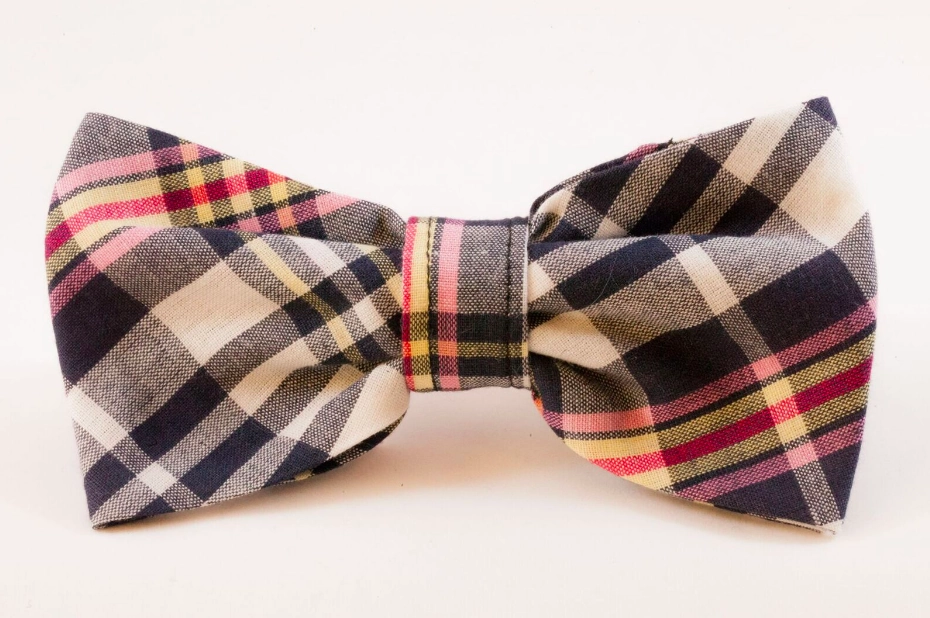 Navy and Pink Madras Bow Tie Dog Collar