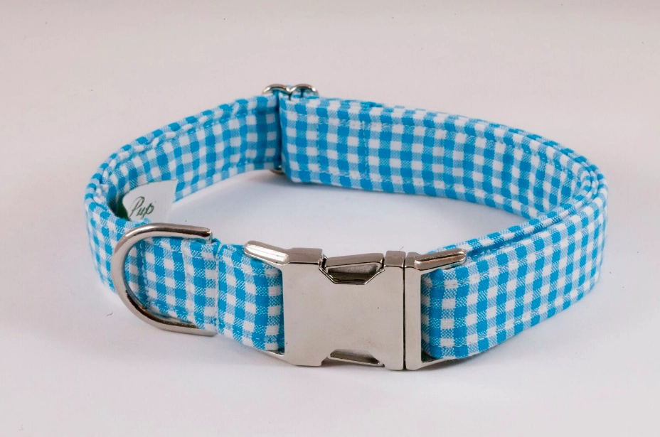 Preppy Aqua Blue Gingham Dog Bow Tie Collar