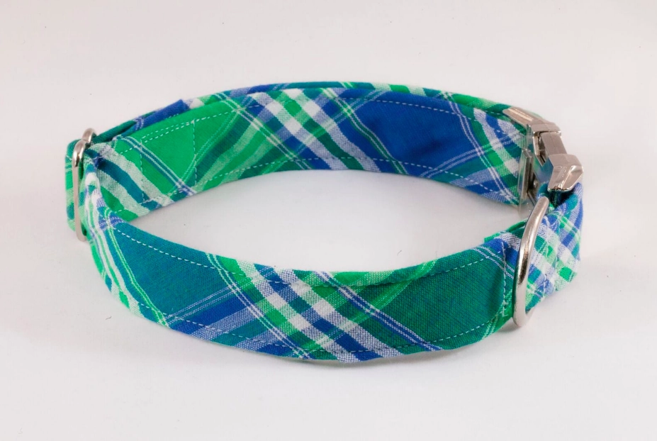 Preppy Green and Blue Madras Plaid Bow Tie Dog Collar