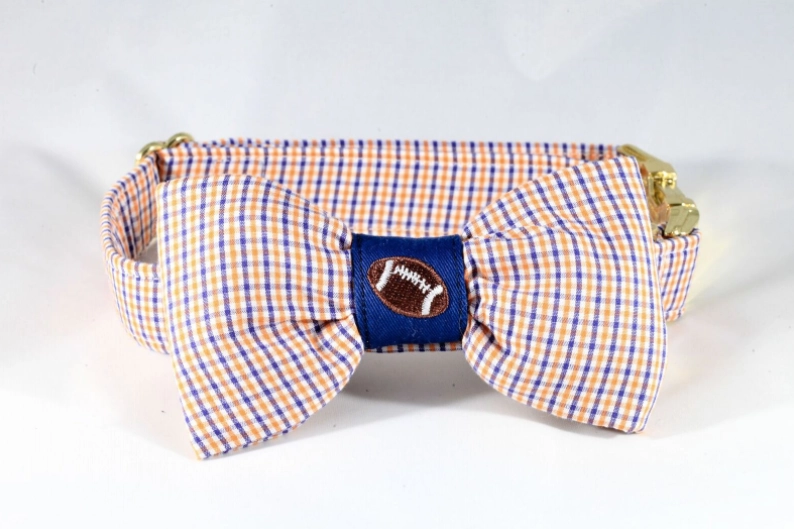 Preppy Navy and Orange Gingham Auburn Tigers Football Dog Bow Tie Collar