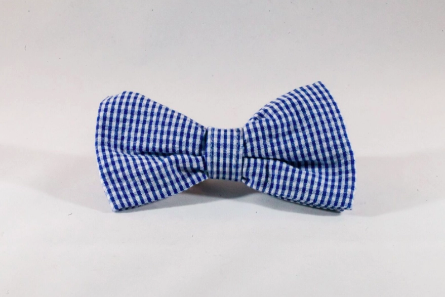 Preppy Navy Blue Gingham Seersucker Dog Bow Tie Collar