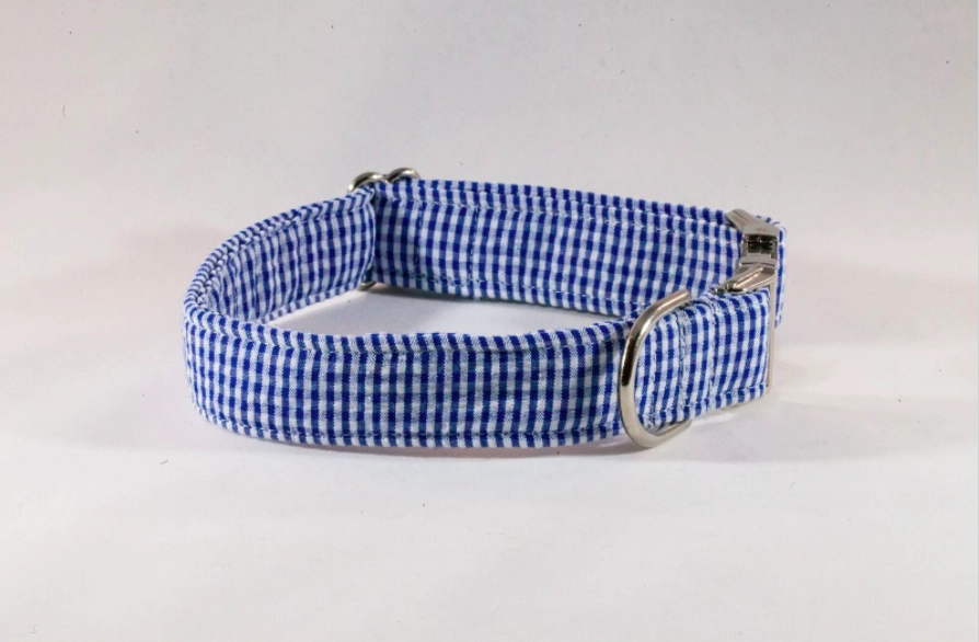 Preppy Navy Blue Gingham Seersucker Dog Collar