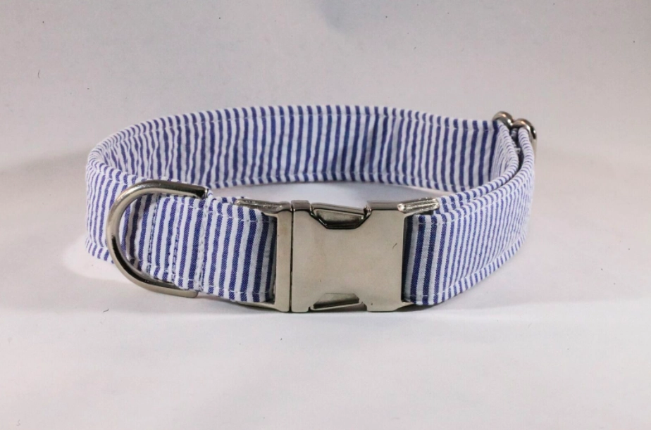 Preppy Navy Blue Seersucker Bow Tie Dog Collar