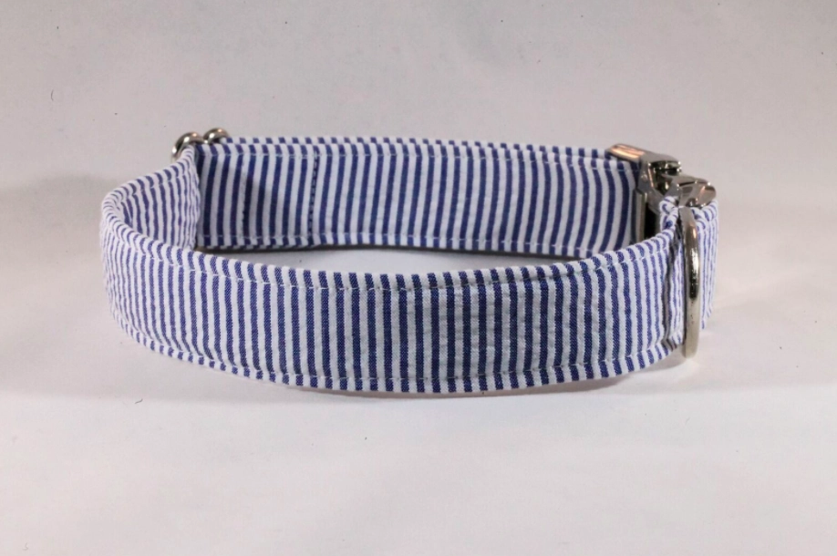 Preppy Navy Blue Seersucker Bow Tie Dog Collar