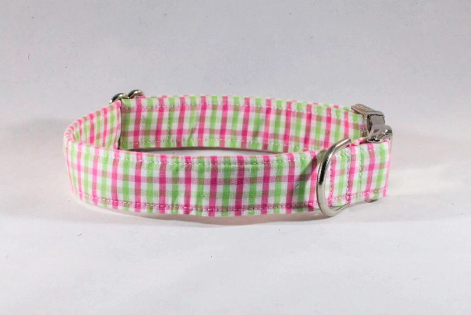 Preppy Pink and Green Gingham Dog Bow Tie Collar