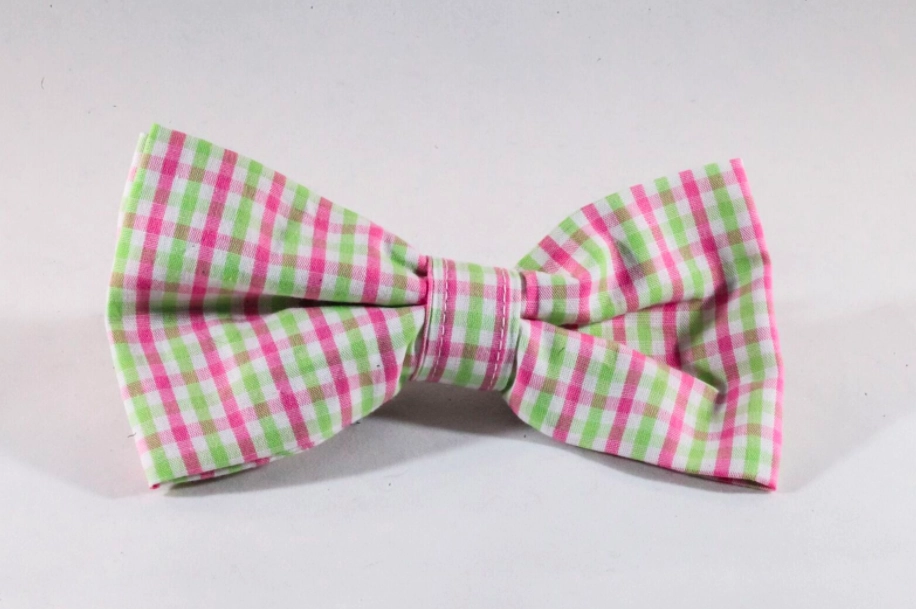 Preppy Pink and Green Gingham Dog Bow Tie Collar