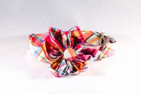 Preppy Pink and Orange Madras Girl Dog Flower Bow Tie Collar
