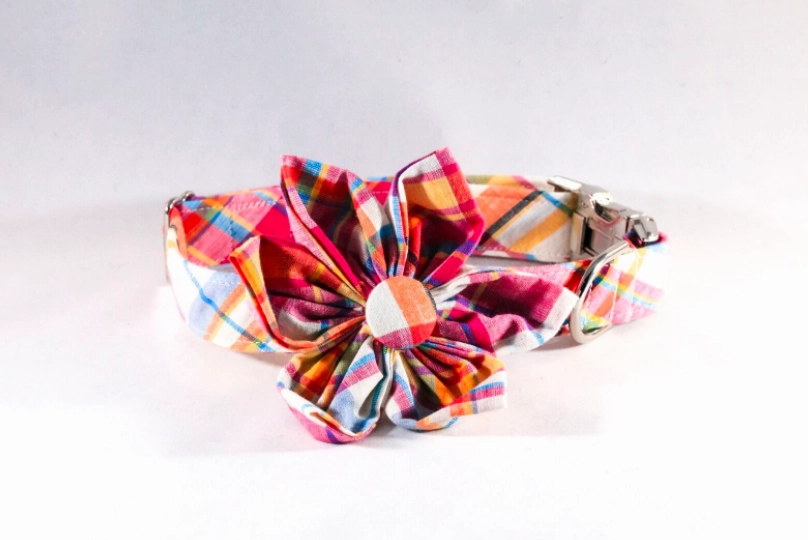 Preppy Pink and Orange Madras Girl Dog Flower Bow Tie Collar