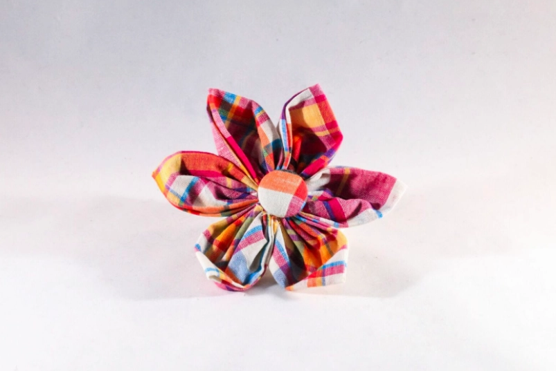 Preppy Pink and Orange Madras Girl Dog Flower Bow Tie Collar