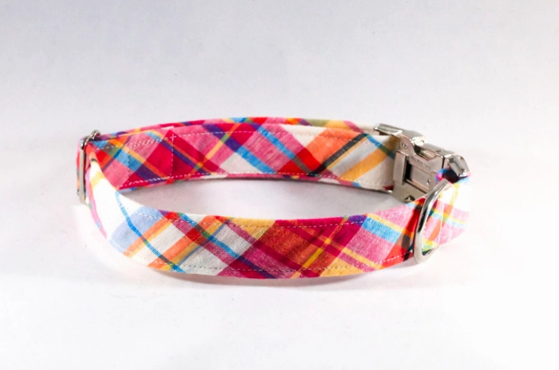Preppy Pink and Orange Madras Girl Dog Flower Bow Tie Collar