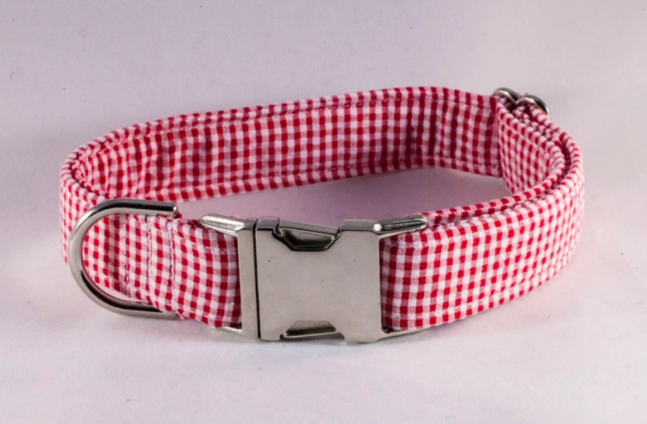 Preppy Red Gingham Girl Dog Flower Bow Tie Collar