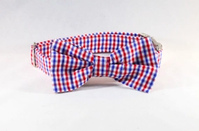 Preppy Red White and Blue Gingham Dog Bow Tie Collar, Ole Miss Rebels