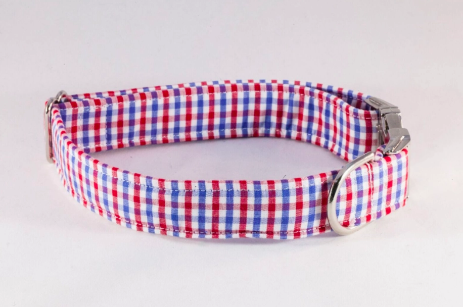 Preppy Red White and Blue Gingham Girl Dog Flower Bow Tie Collar, Ole Miss Rebels