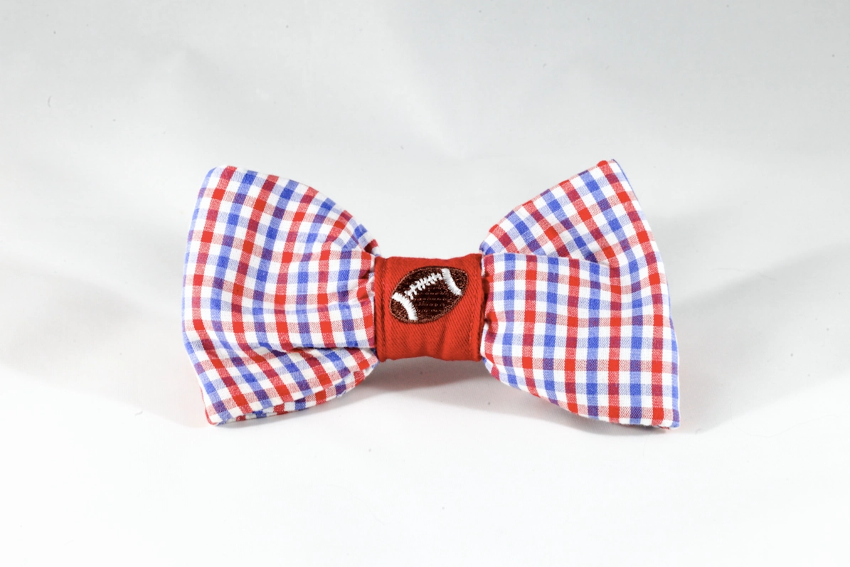 Preppy Red White and Blue Gingham Ole Miss Rebels Football Dog Bow Tie Collar