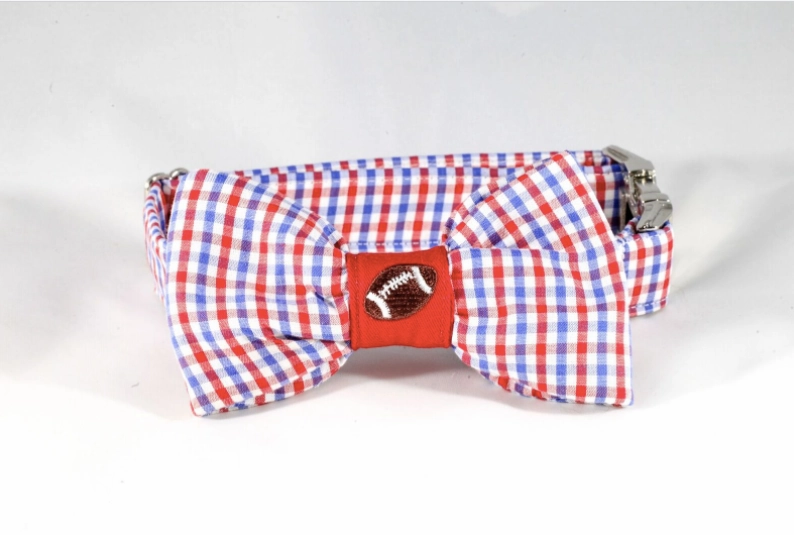 Preppy Red White and Blue Gingham Ole Miss Rebels Football Dog Bow Tie Collar