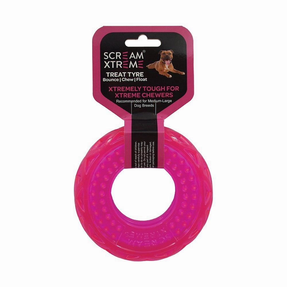 Scream Xtreme Treat Tyre Medium/Large Pink Dog Toy ($)($)
