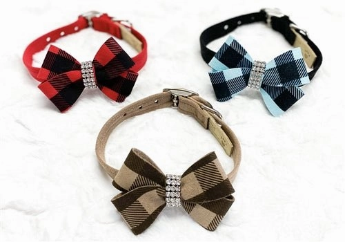 Susan Lanci Red Gingham Nouveau Bow Ultrasuede Collar