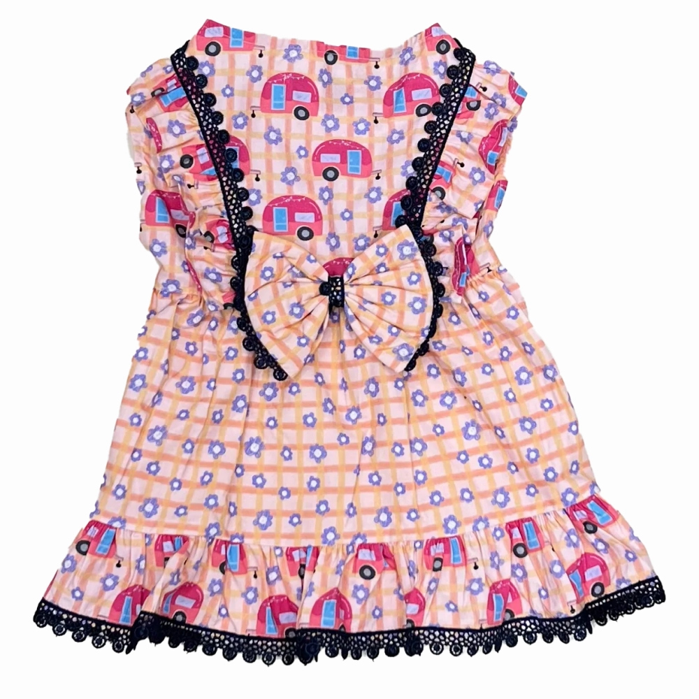 The Papaw Cartel Caravan Plaid Frilled Dress With A Bow for Dogs (Light Pink/Orange)