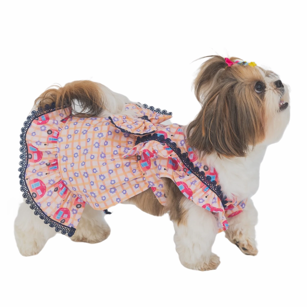 The Papaw Cartel Caravan Plaid Frilled Dress With A Bow for Dogs (Light Pink/Orange)