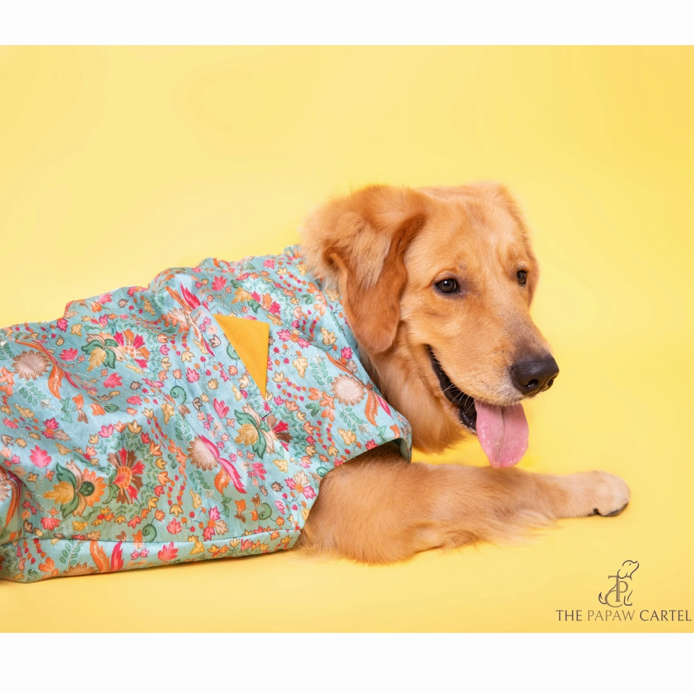 The Papaw Cartel Indo Floral Sleeveless Jacket With Pocket Square for Dogs (Blue)