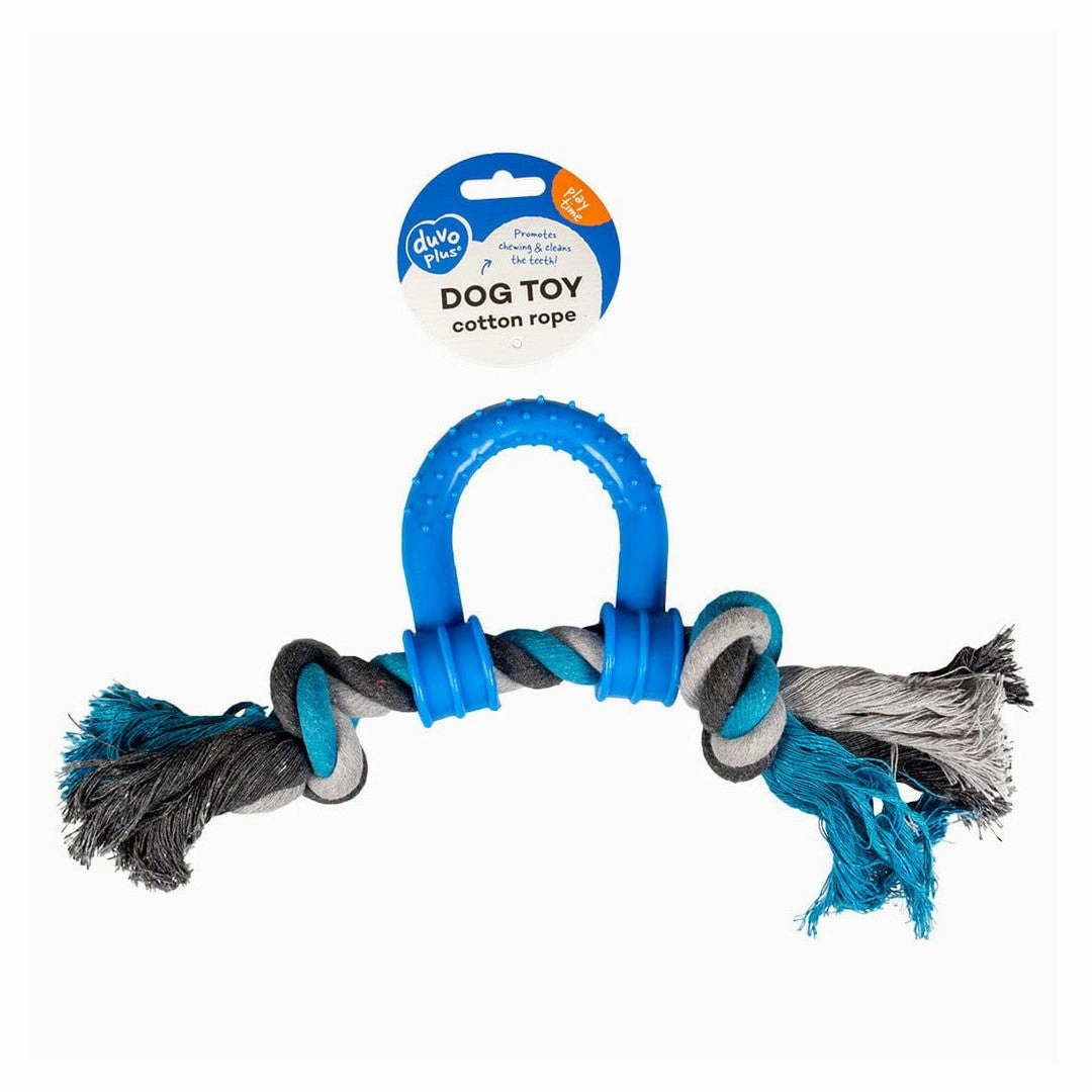 Tug Toy Knotted Cotton Pull Ring & Plastic 30cm grey/blue